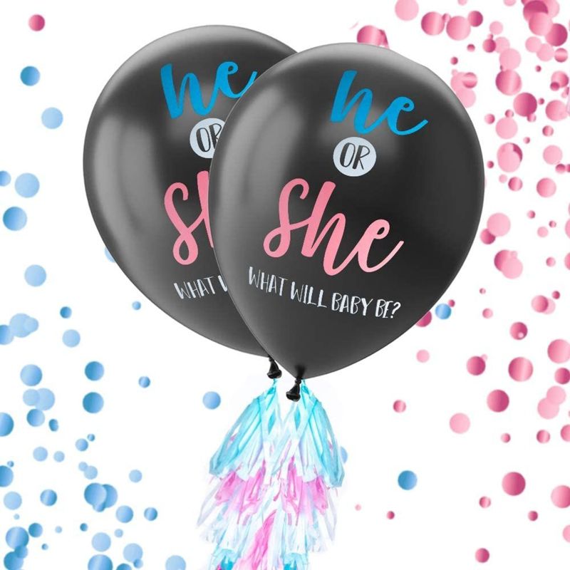 Gender Reveal Balloon Kit – 2-Pack Giant XL Confetti Balloons with 24 Tassels and String – Gender Reveal Party Supplies, 36-Inch Diameter Balloons, 1 of 7