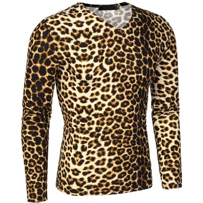 Lars Amadeus Men's Leopard Printed Slim Fit Pullover T Shirt