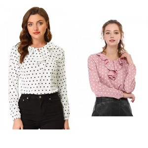 Allegra K Women's 2 Packs 1950s Vintage Ruffle Neck Long Sleeve Dots Chiffon Blouse X-Large Peacock Blue-Dots - 1 of 4