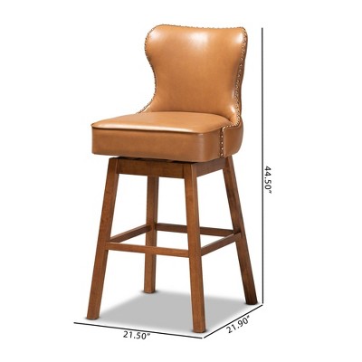 Walnut Wood and Tan Leather Swivel Barstool with Copper Accents