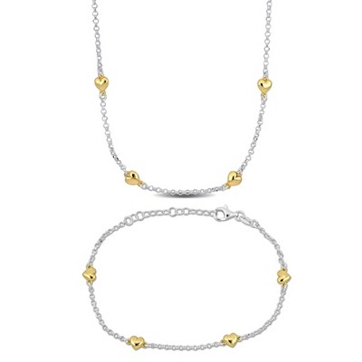 EVERLY JEWELRY | Silver Heart Charm Station Necklace and Bracelet Set -17.5 in + 8 in-Multiple Metal Color Option