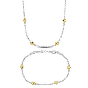 EVERLY JEWELRY | Silver Heart Charm Station Necklace and Bracelet Set -17.5 in + 8 in-Multiple Metal Color Option - 1 of 4