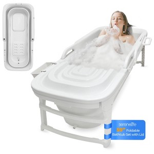 SereneLife 59" Foldable Freestanding Bathtub Spa Set - White, with Lid, Drain Hose & Accessories - 1 of 4