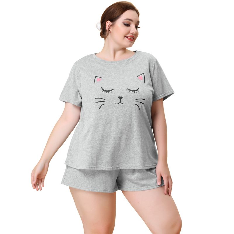 Agnes Orinda Women's Plus Size Comfort Cute Cat Print Short Sleeve Pajama Set, 3 of 7