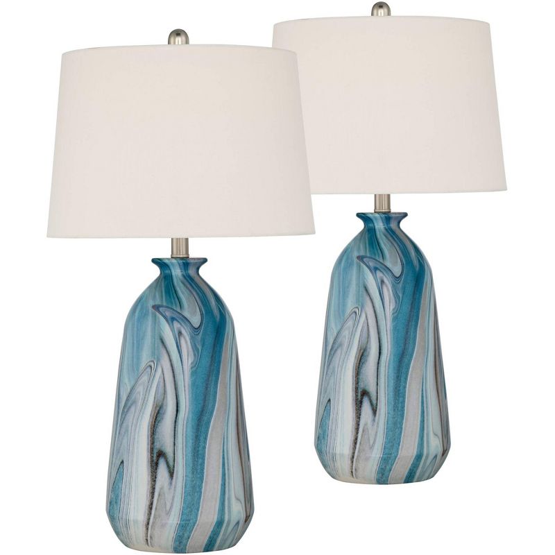 360 Lighting Carlton Modern Coastal Table Lamps 28" Tall Set of 2 Swirling Blue Faux Marble White Tapered Drum Shade for Bedroom Living Room Bedside, 1 of 9