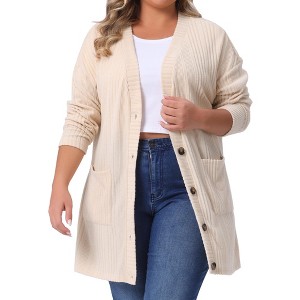 Agnes Orinda Women's Plus Size V Neck Long Sleeve Pocket Ribbed Knit Loose Button Up Casual Cardigan - 1 of 4