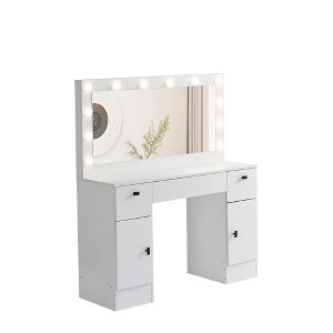 Vanity table with lighted mirror, vanity desk with 3 drawers and storage cabinet,3 color lighting modes adjustable brightness, white color - 1 of 4