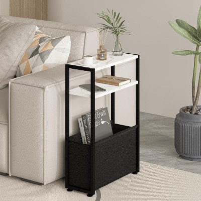 Narrow Side Table, Slim End Tables with Fabric Basket, Skinny Table for Small Spaces, Thin Bedside Table