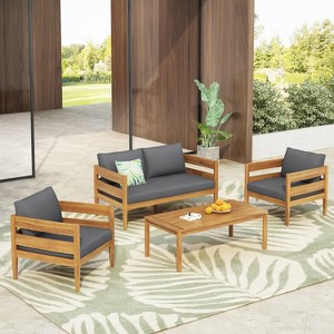 Christopher Knight Home Jacinda 4 Piece Ourdoor Rustic Upholstered Seating Set with Slat Design - 1 of 4