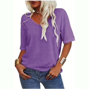 Imily Bela Women's Casual V Neck Half Sleeve Oversized T Shirt Solid Color Basic Top - 1 of 4