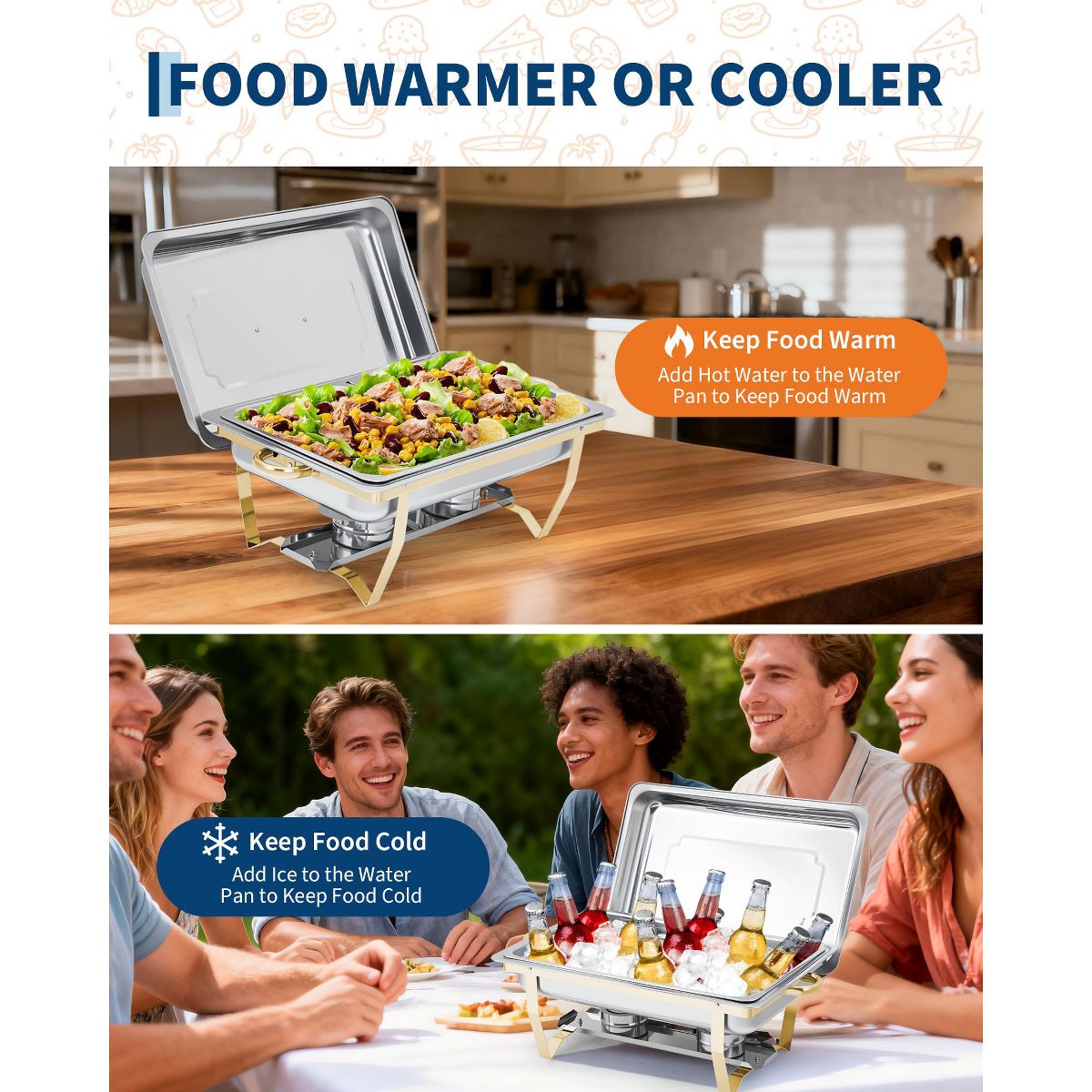 Garvee Chafing Dishes for Buffet Set of 2, 8QT Stainless Steel Rectangular Chafer with Lid, Buffet Server Food Warmer for Parties Catering, Silver - thumbnail 6