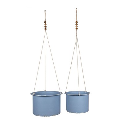 Set of 2 Hanging Planters Blue Metal, Wood & Cotton - Foreside Home & Garden
