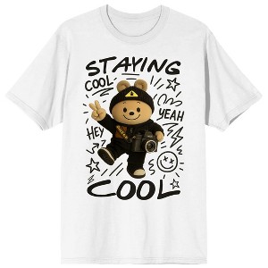 Bear with camera Graffiti text and symbols Staying Cool on White Ground Adult  Crew Neck Short Sleeve T-shirt - 1 of 4