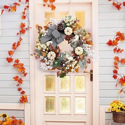 20 Inch Fall Wreaths for Front Door, Fall Decorations Pumpkin Wreath with Bow Leaves Pine Cones for Wall Window Thanksgiving Harvest