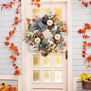 20 Inch Fall Wreaths for Front Door, Fall Decorations Pumpkin Wreath with Bow Leaves Pine Cones for Wall Window Thanksgiving Harvest - 1 of 4