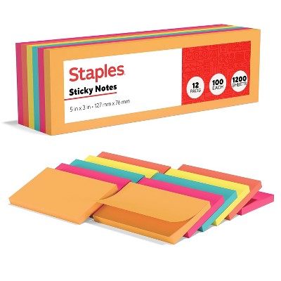 Staples Stickies Standard Notes 3" x 5" Assorted 100 Sh/Pd 12 Pd/Pk S-35BR12