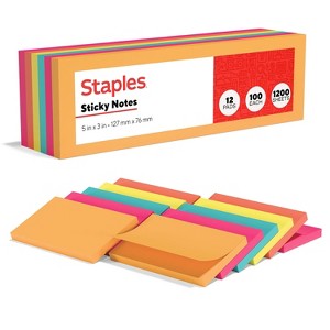 Staples Stickies Standard Notes 3" x 5" Assorted 100 Sh/Pd 12 Pd/Pk S-35BR12 - 1 of 4