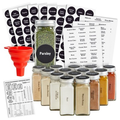 Talented Kitchen 14 Pack Glass Spice Jars with 269 Spice Labels, Empty Square Spice Bottles Containers 4 oz w Pour/Sift Shaker Lid, Water Resistant