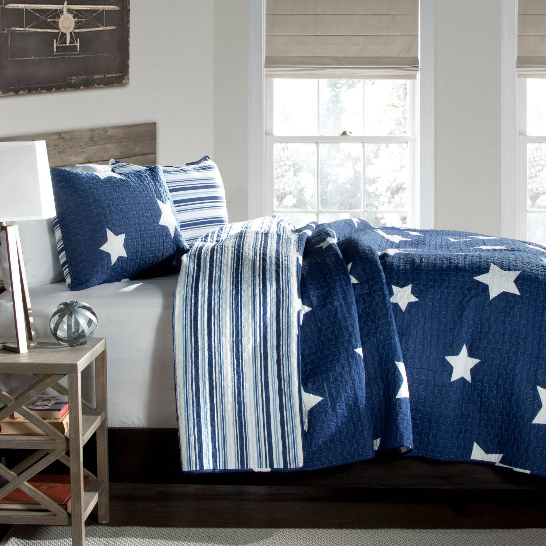 2pc Twin Kids' Star Reversible Quilt Set Navy - Lush Décor: Kids Bedding, Microfiber, OEKO-TEX Certified