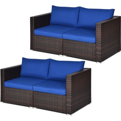 Tangkula 4PCS Rattan Corner Sofa Set Patio Outdoor Furniture Set w/ Navy Cushions
