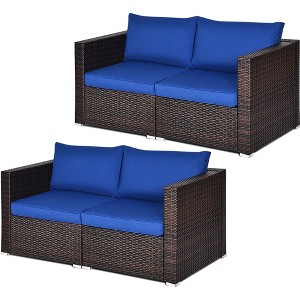 Tangkula 4PCS Rattan Corner Sofa Set Patio Outdoor Furniture Set w/ Navy Cushions - 1 of 4