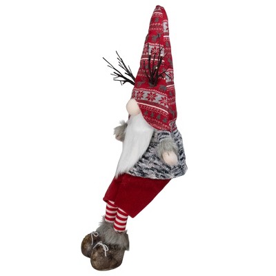 30" Red and Gray Fair Isle Sitting Gnome with LED Antlers