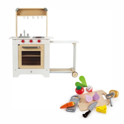 Hape Cook 'N Serve Kids Contemporary Pretend Play Wooden Cooking Kitchen and Counter Bundle with Pretend Play Food and Accessories Set, Ages 3 and Up