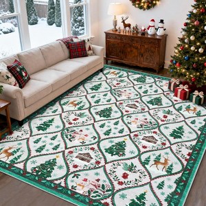 Christmas Area Rug with Tree & Snowflake Print, Non-Slip Floor Mat for Living Room, Bedroom, Dining Room and Playroom - 1 of 4