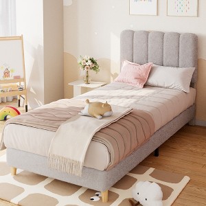 Twin Bed Frame, Boucle Upholstered Platform Bed with Wave Headboard for Girls/Kids, Easy Assembly, Wood Slats Support, No Box Spring Needed - 1 of 1