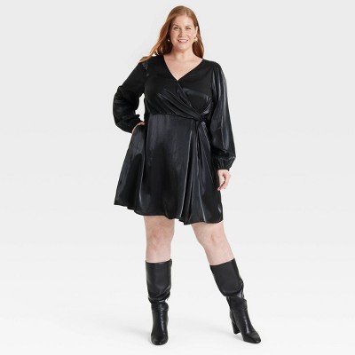 Women's Balloon Long Sleeve Midi Wrap Dress - Ava & Viv™ Black XXL