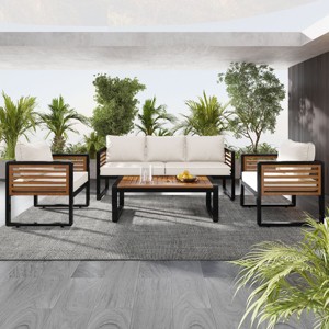 Outdoor 4-Pieces Sofa Set, Garden Sofa Set with Acacia Wood Tabletop Coffee Table, Sofas with Metal Frame and Removable Cushions–Cuddlewood - 1 of 4