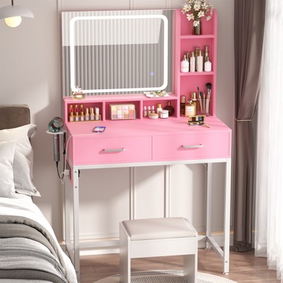 Aheaplus Makeup Vanity Desk with LED Light Mirror, Dressing Table with Charging Station and Drawers