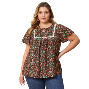 Women's Plus Size Summer Floral Print Pintucked Trim Front Ruffle Sleeve Tie Neck Casual Vacation Blouses - GRACE & GRANDEUR - 1 of 4