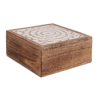 Mela Artisans Blossom Handcrafted Box in White over Light Burnt Finish - Medium