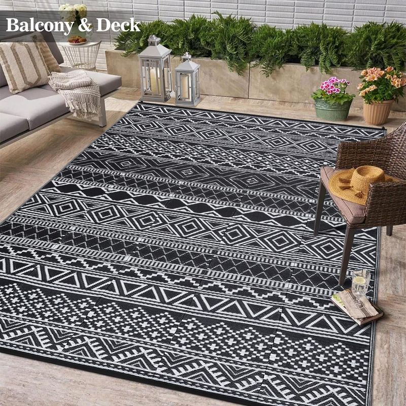 Outdoor Rug Waterproof Patio Rug Mat Geometric Rug Plastic Straw Outside Rug for RV Camping Picnic Reversible Rug, 3 of 9