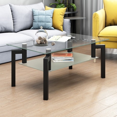 Glass Coffee Table, Rectangle Glass Table With Double Layer Storage 