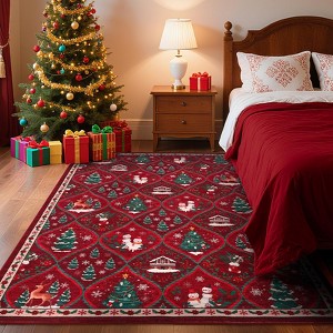 Christmas Area Rug, Xmas Theme Print Throw Carpet with Non Slip Backing, Low Pile Stain Resistant Floor Carpet for Living Room, Bedroom - 1 of 4