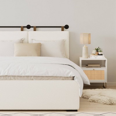Queen Size White Boucle Upholstered Headboard with Leather Straps