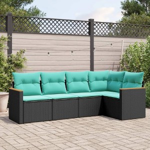5 Piece Patio Sofa Set with Cushions Black Poly Rattan vidaXL - 1 of 3