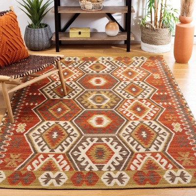 Handmade Red and Olive Round Wool Cotton Area Rug