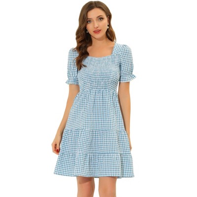 Allegra K Women's Plaid Gingham Mini Dress - Peter Pan Collar, Ruffled Hem, Pink - View #9