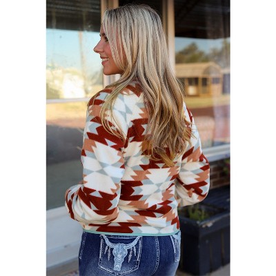 Western Aztec Buttoned Zipper Pockets Fleece Jacket