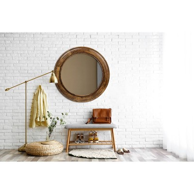 Walnut Round Carved Wood Framed Wall Mirror with Hobnail Detail