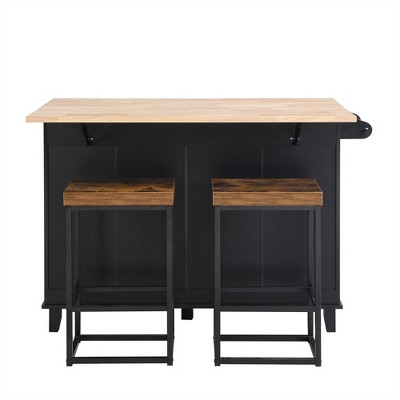 OUTSUPPLY Kitchen Island Set with Drop Leaf and 2 Seatings, Dining Table Set with Storage Cabinet, Drawers and Towel Rack