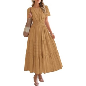 Women's 2025 Summer Casual Midi & Maxi Dress - Lightweight V-Neck Boho Beach Dress with Elastic Waist & Pockets Khaki - 1 of 4