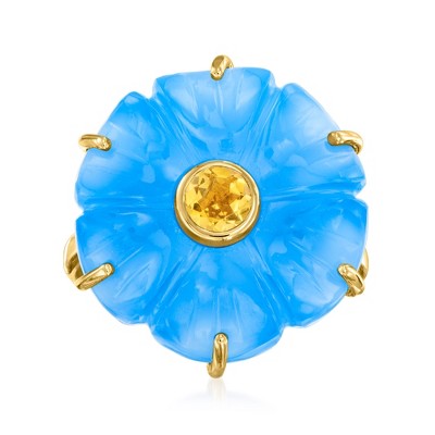 Ross-Simons Carved Blue Chalcedony and .40 Carat Citrine Flower Ring in 18kt Gold Over Sterling