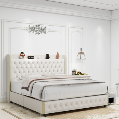 Okak Platform Bed Frame Wingback Upholstered Bed with Adjustable Height Headboard and USB Charger Music Speaker Star Projector Noise-Free