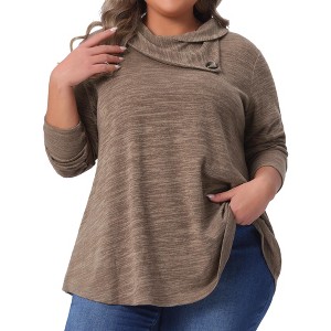 Women's Plus Size Cowl Neck Button Long Sleeve Pockets Casual Soft Tunic Blouse - Agnes Orinda - 1 of 4