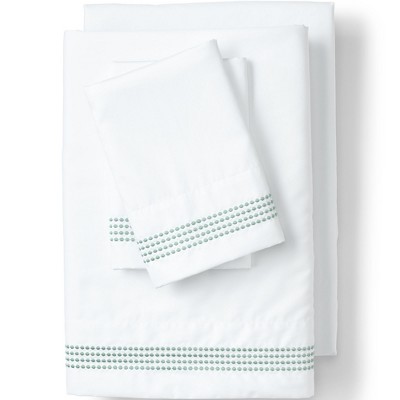 King White Cotton Embroidered Pillowcases with Green Trim