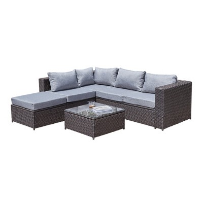 4 Pieces Wide Outdoor Rattan Sectional Sofa with Cushions - Small Patio Wicker Furniture,PE Rattan Sectional Sofa Set with Tempered Glass Desktop